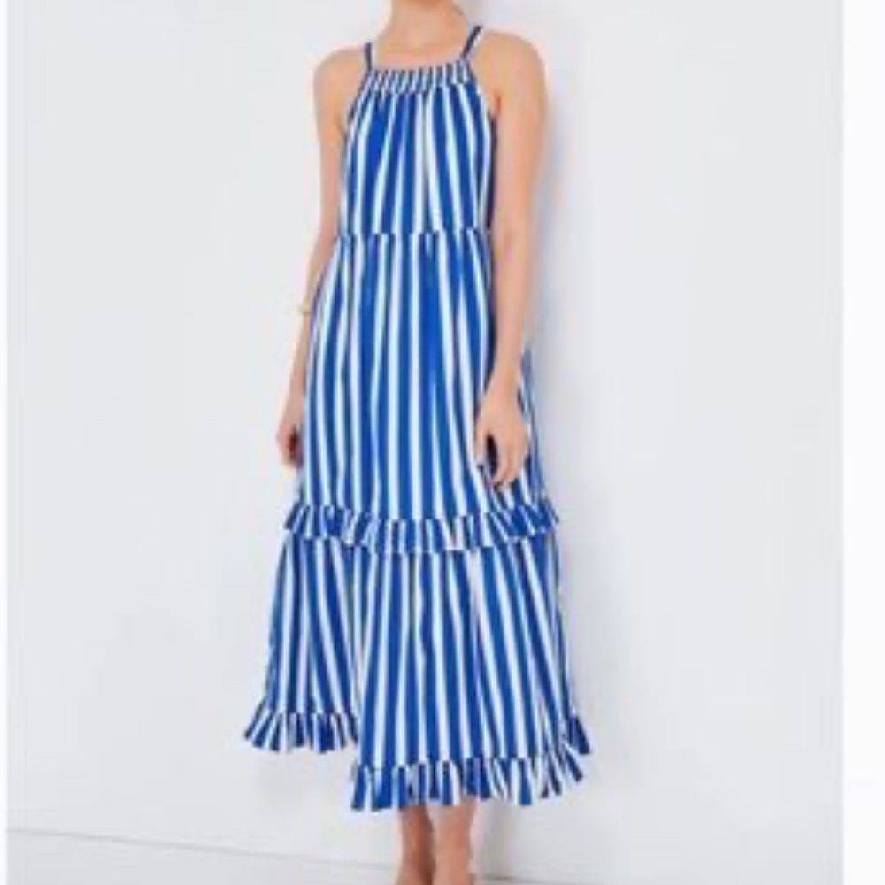 Pomander Place by Tuckernuck Blue Striped Avondale Tiered Halter Maxi Dress XL